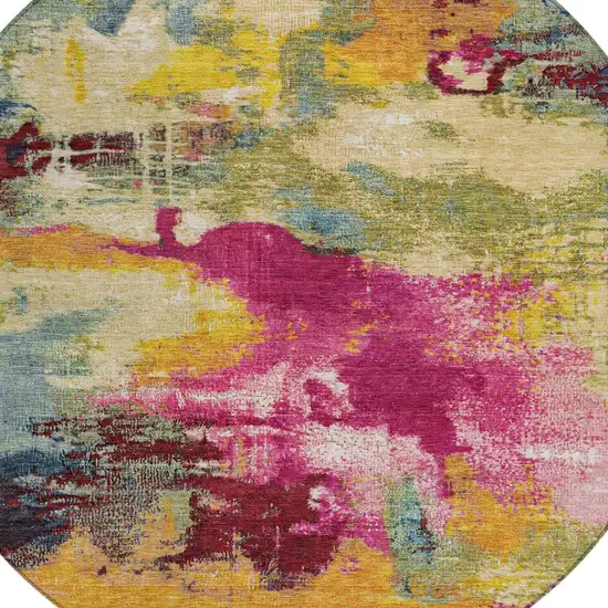 8' Ruby Red Pink And Yellow Round Abstract Washable Indoor Outdoor Area Rug Photo 9