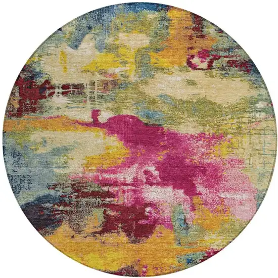 8' Ruby Red Pink And Yellow Round Abstract Washable Indoor Outdoor Area Rug Photo 4