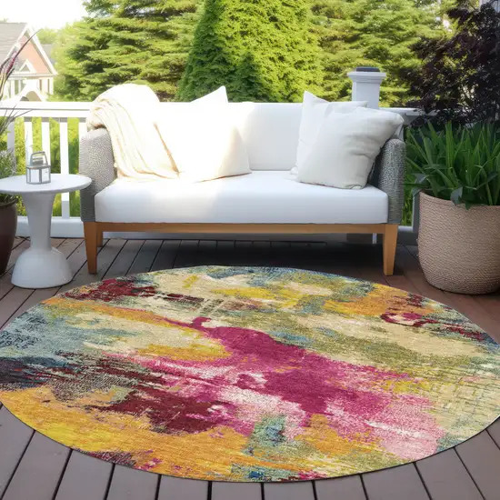 8' Ruby Red Pink And Yellow Round Abstract Washable Indoor Outdoor Area Rug Photo 5