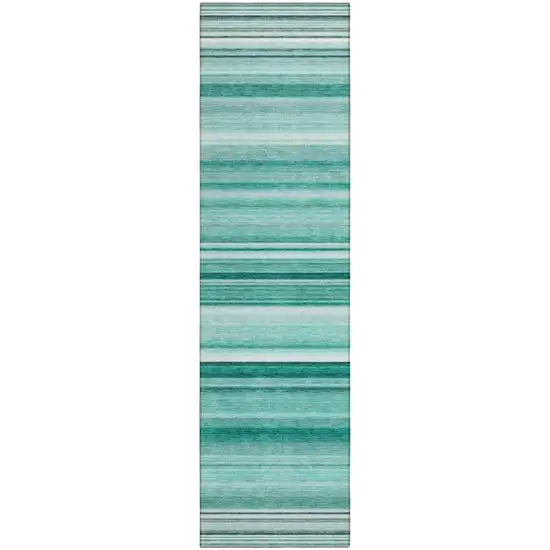 Aqua Striped Washable Indoor Outdoor Runner Rug Photo 2