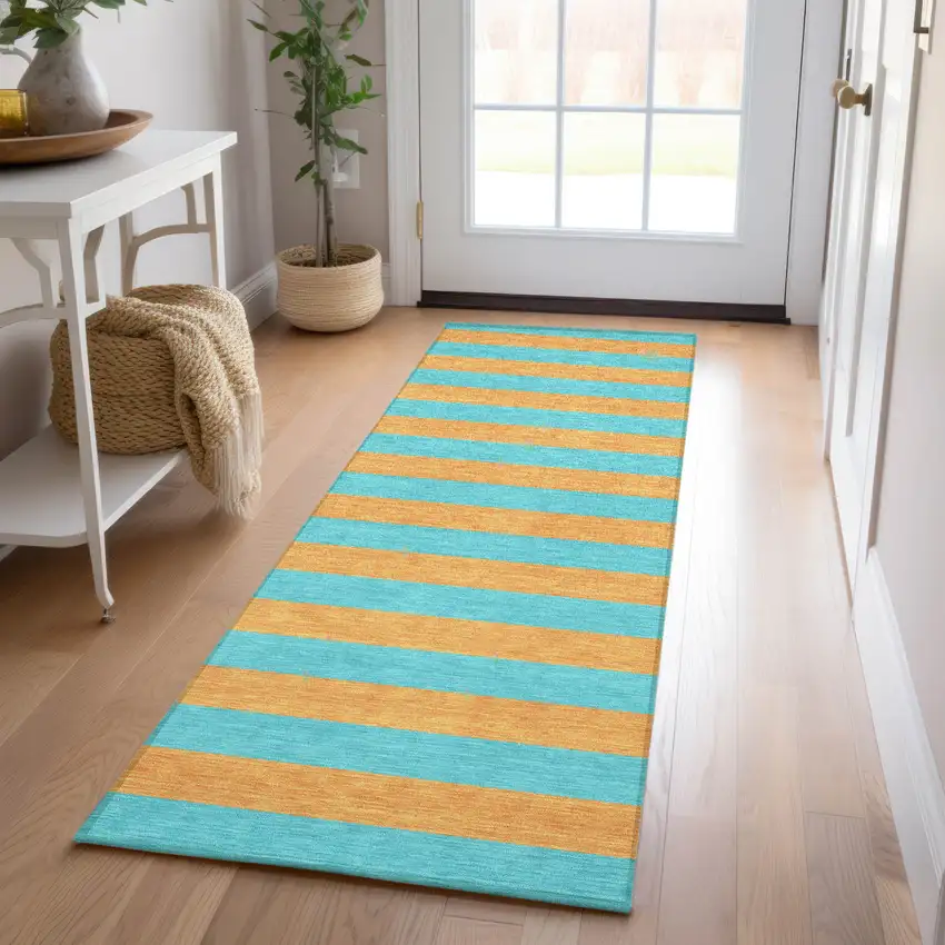 8' Runner Aqua Striped Washable Non Skid Indoor Outdoor Runner Rug Photo 9