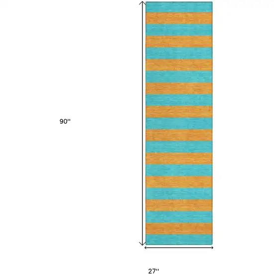 Aqua Striped Washable Non Skid Indoor Outdoor Runner Rug Photo 3