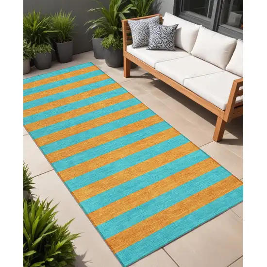 Aqua Striped Washable Non Skid Indoor Outdoor Runner Rug Photo 1