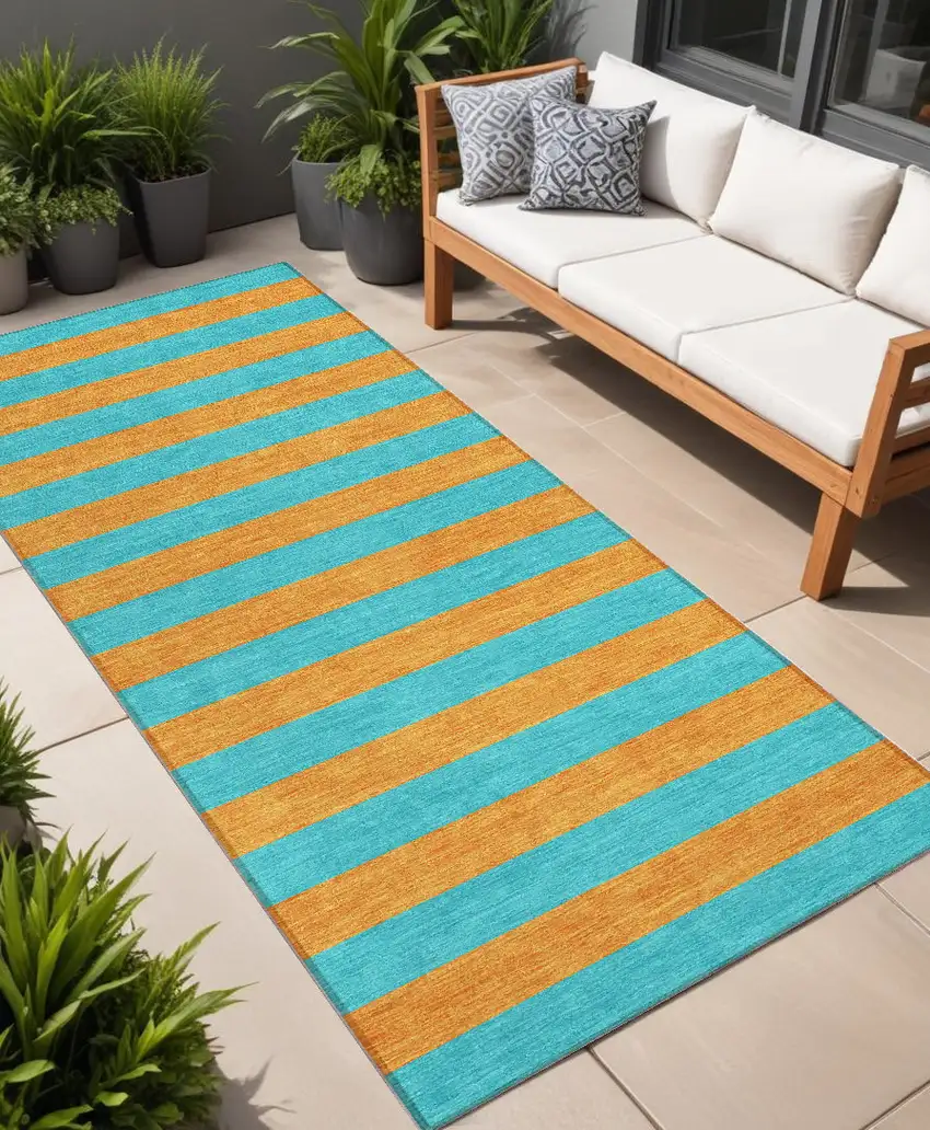 Aqua Striped Washable Non Skid Indoor Outdoor Runner Rug Photo 1