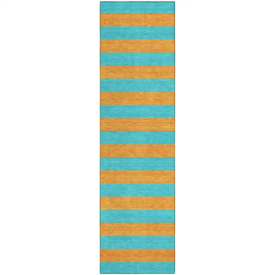Aqua Striped Washable Non Skid Indoor Outdoor Runner Rug Photo 2