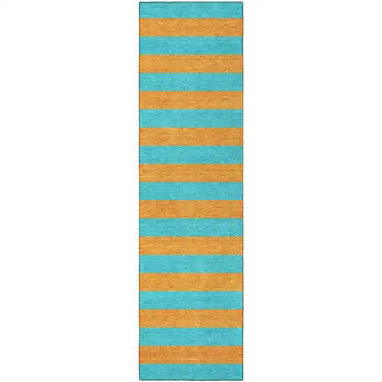 8' Runner Aqua Striped Washable Non Skid Indoor Outdoor Runner Rug Photo 5