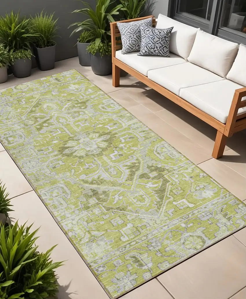 8' Runner Artichoke Green Oriental Washable Non Skid Indoor Outdoor Runner Rug Photo 1