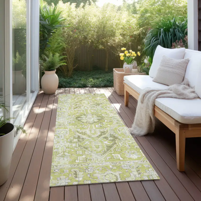 8' Runner Artichoke Green Oriental Washable Non Skid Indoor Outdoor Runner Rug Photo 8