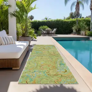 Photo of 8' Runner Artichoke Green Paisley Washable Non Skid Indoor Outdoor Runner Rug