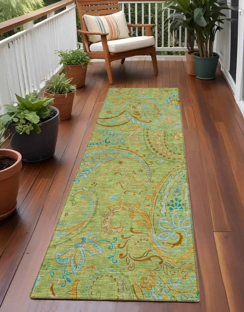 Artichoke Green Paisley Washable Indoor Outdoor Runner Rug Photo 1