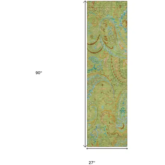 8' Runner Artichoke Green Paisley Washable Non Skid Indoor Outdoor Runner Rug Photo 9