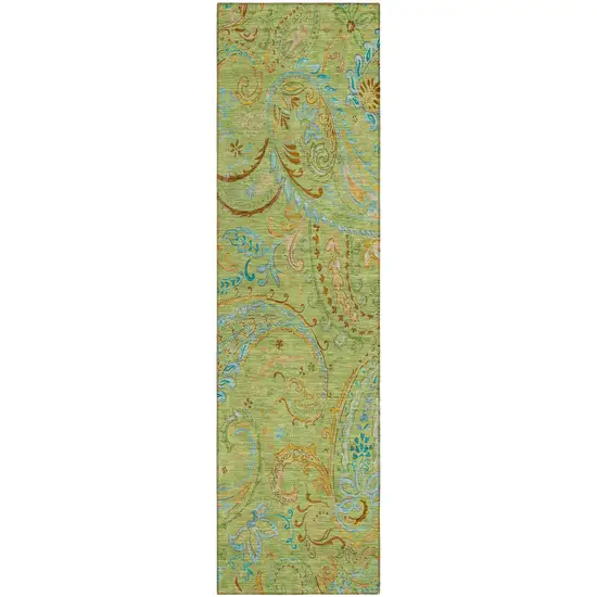 Artichoke Green Paisley Washable Indoor Outdoor Runner Rug Photo 2