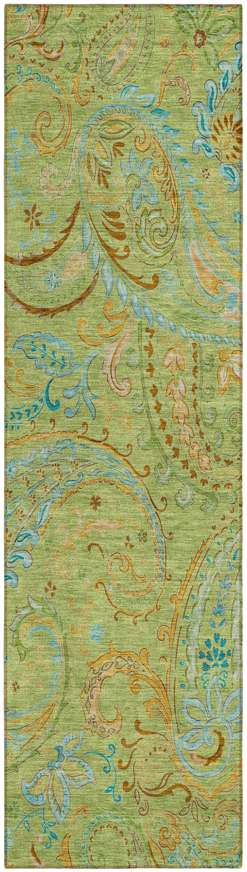 Artichoke Green Paisley Washable Indoor Outdoor Runner Rug Photo 2
