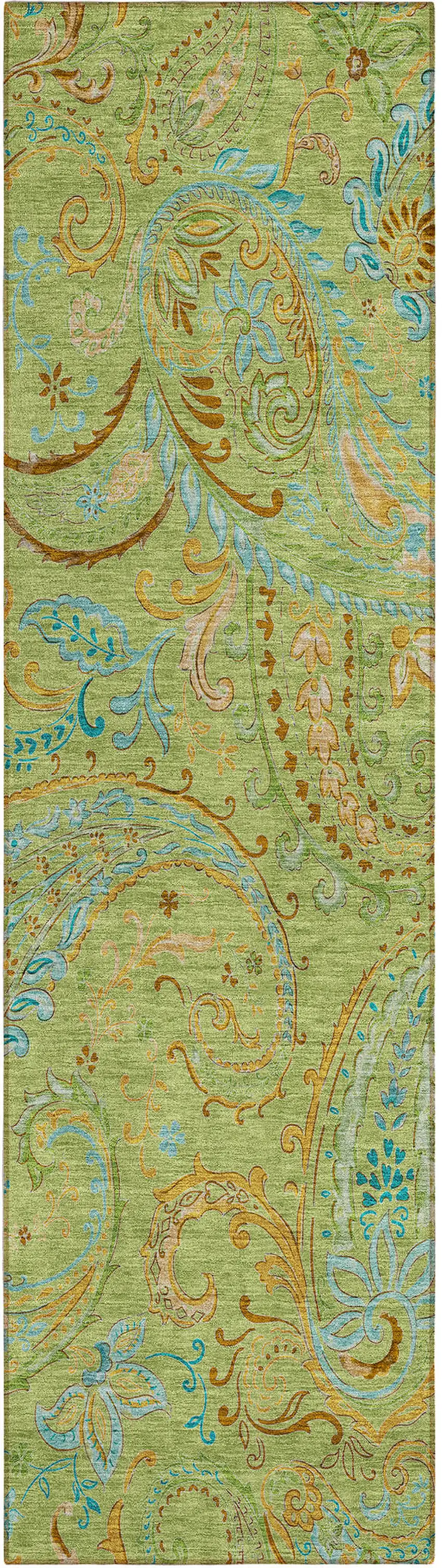 Artichoke Green Paisley Washable Indoor Outdoor Runner Rug Photo 2