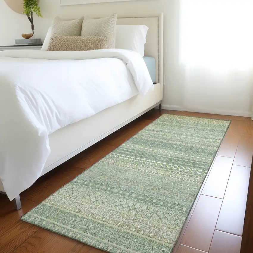 Artichoke Green Striped Washable Indoor Outdoor Runner Rug Photo 9