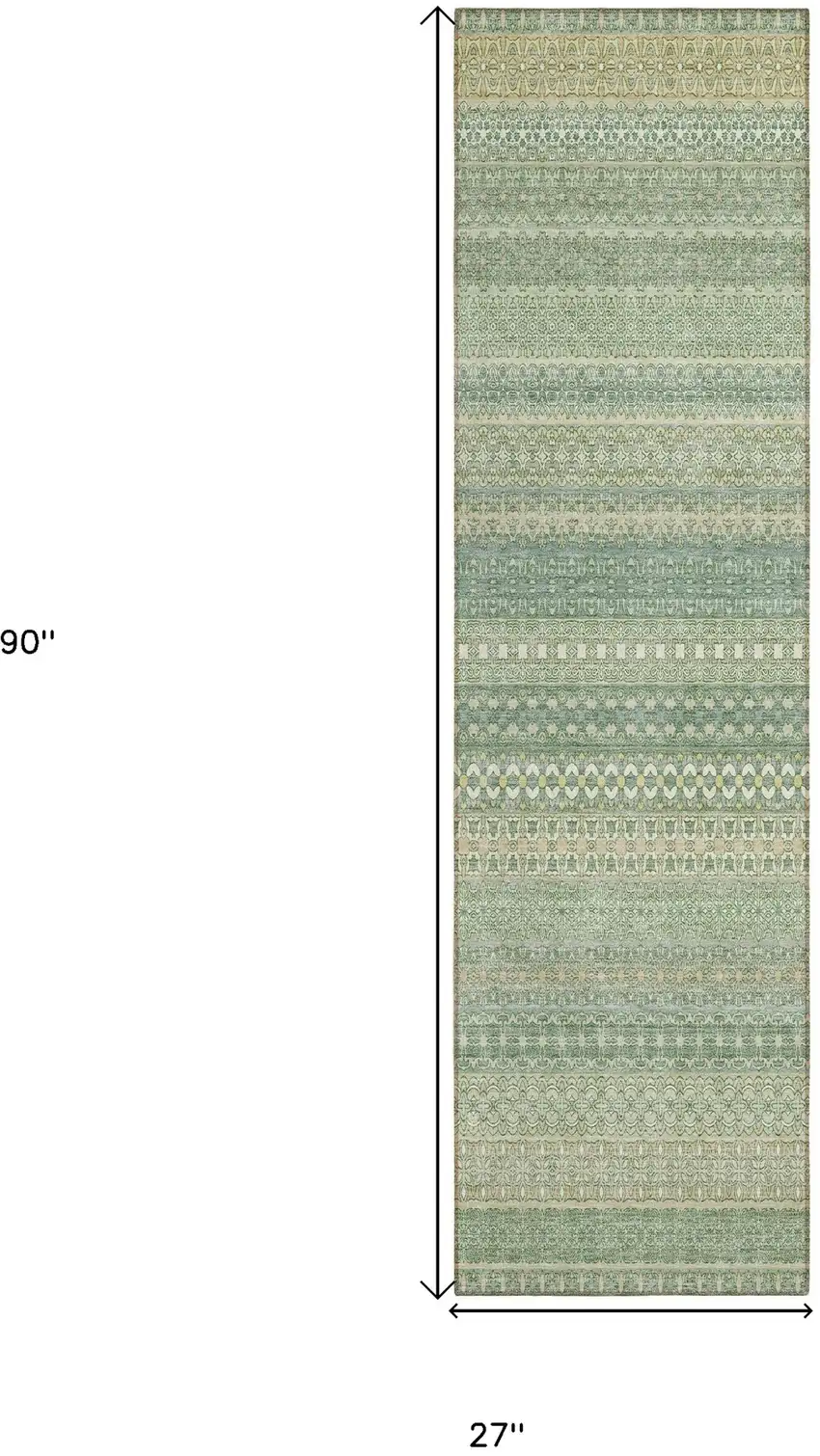 Artichoke Green Striped Washable Indoor Outdoor Runner Rug Photo 3