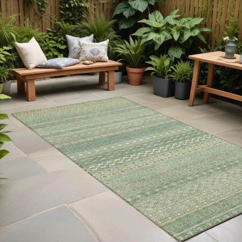 Artichoke Green Striped Washable Indoor Outdoor Runner Rug Photo 1