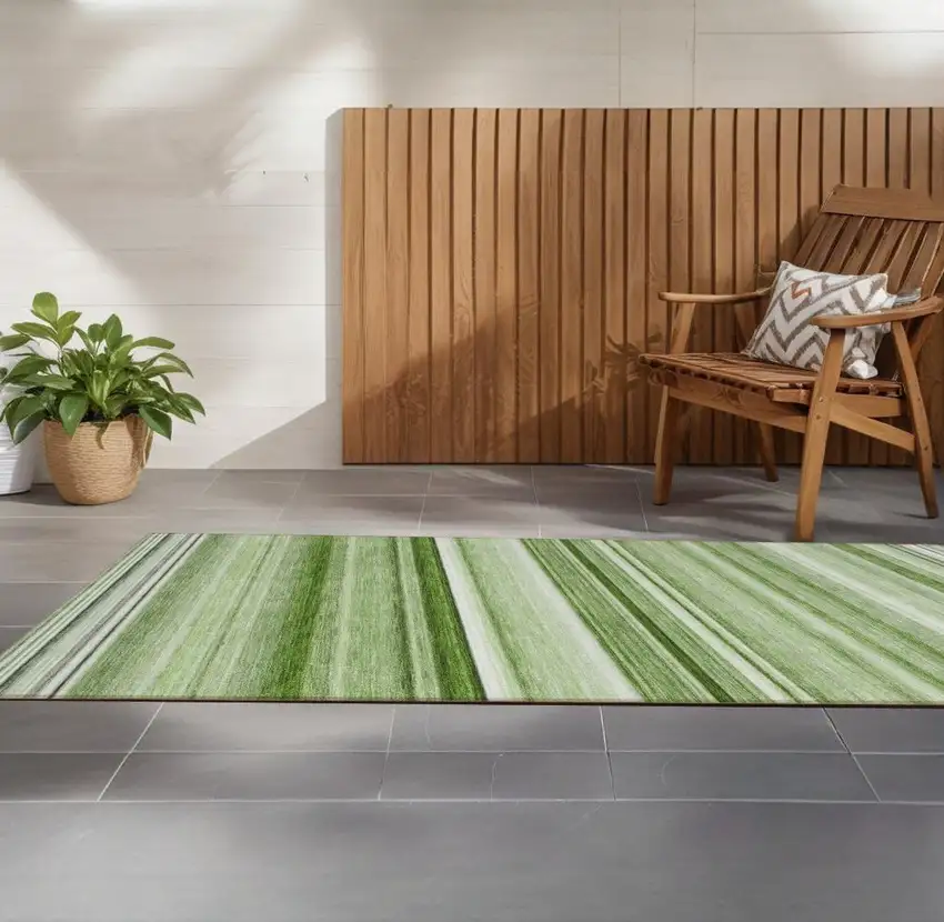 Artichoke Green Striped Washable Indoor Outdoor Runner Rug Photo 1