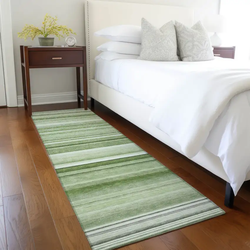 Artichoke Green Striped Washable Indoor Outdoor Runner Rug Photo 7