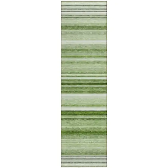 Artichoke Green Striped Washable Indoor Outdoor Runner Rug Photo 1
