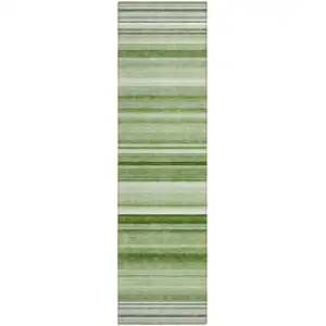 Photo of 8' Runner Artichoke Green Striped Washable Non Skid Indoor Outdoor Runner Rug