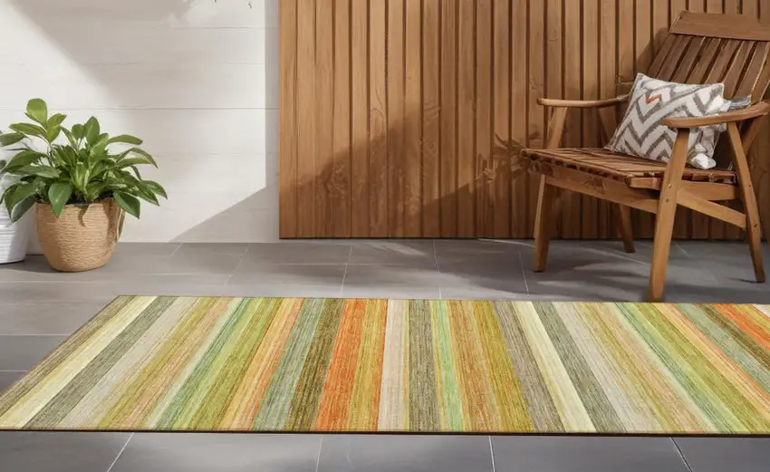 Artichoke Green Striped Washable Non Skid Indoor Outdoor Runner Rug Photo 1