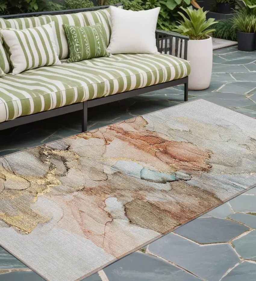 Beige Abstract Washable Non Skid Indoor Outdoor Runner Rug Photo 1