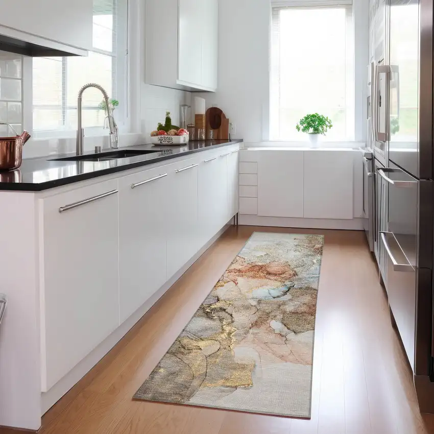 Beige Abstract Washable Non Skid Indoor Outdoor Runner Rug Photo 9