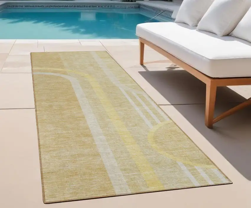 Beige Abstract Washable Indoor Outdoor Runner Rug Photo 1