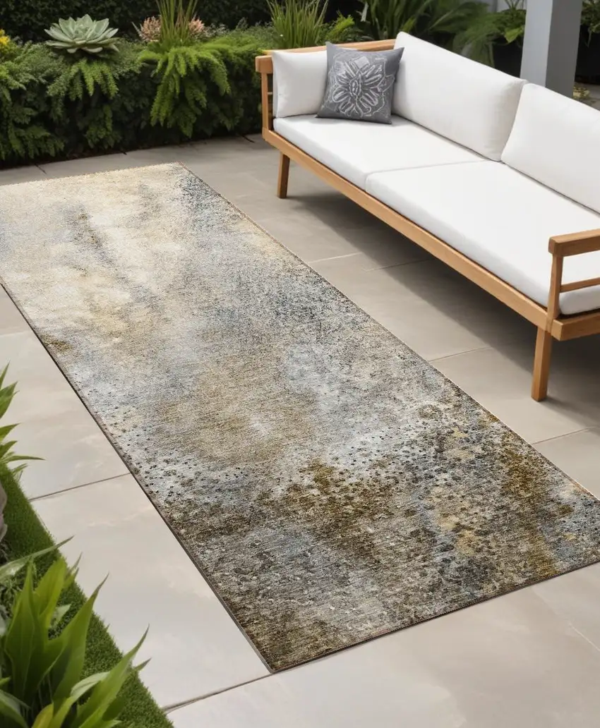 Beige Abstract Washable Non Skid Indoor Outdoor Runner Rug Photo 1