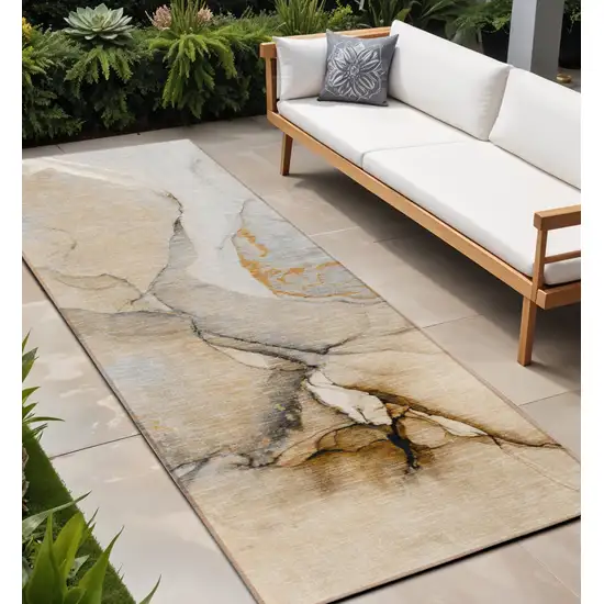 Beige Abstract Washable Non Skid Indoor Outdoor Runner Rug Photo 1