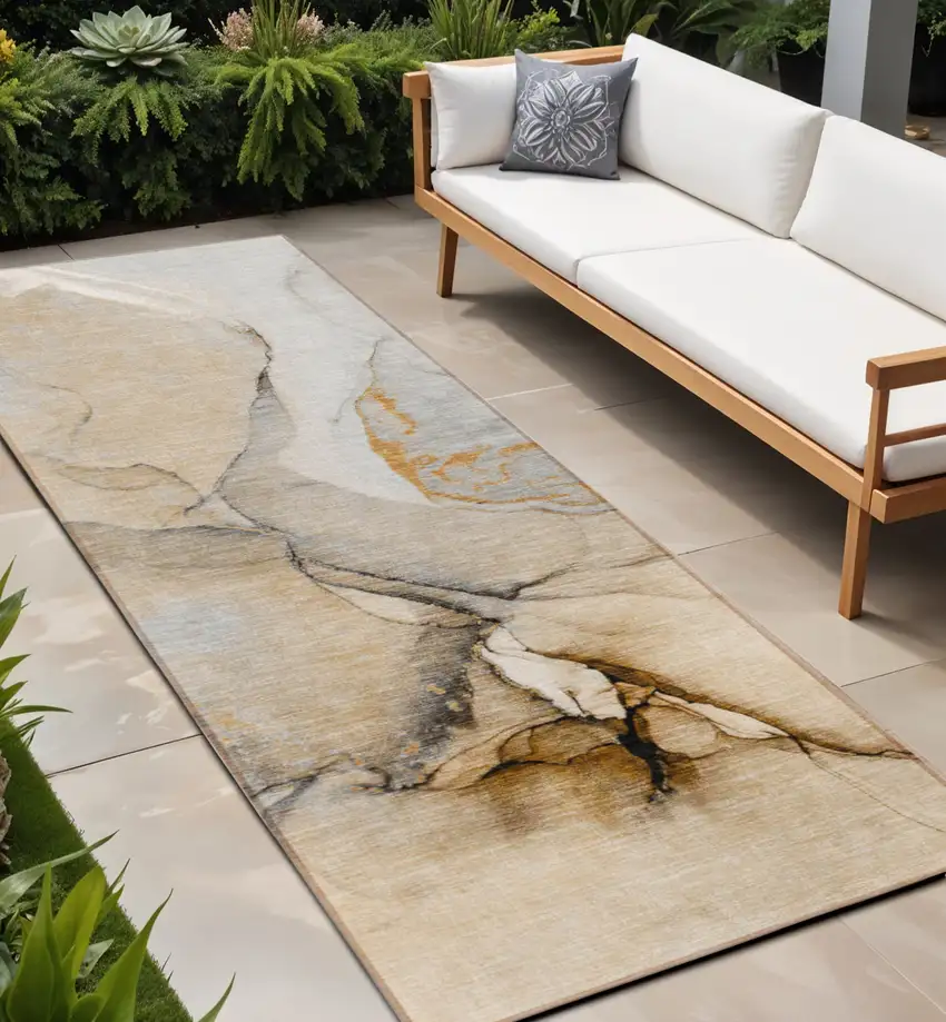Beige Abstract Washable Non Skid Indoor Outdoor Runner Rug Photo 1