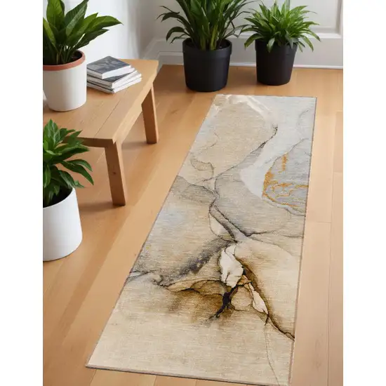 Beige Abstract Washable Non Skid Indoor Outdoor Runner Rug Photo 1