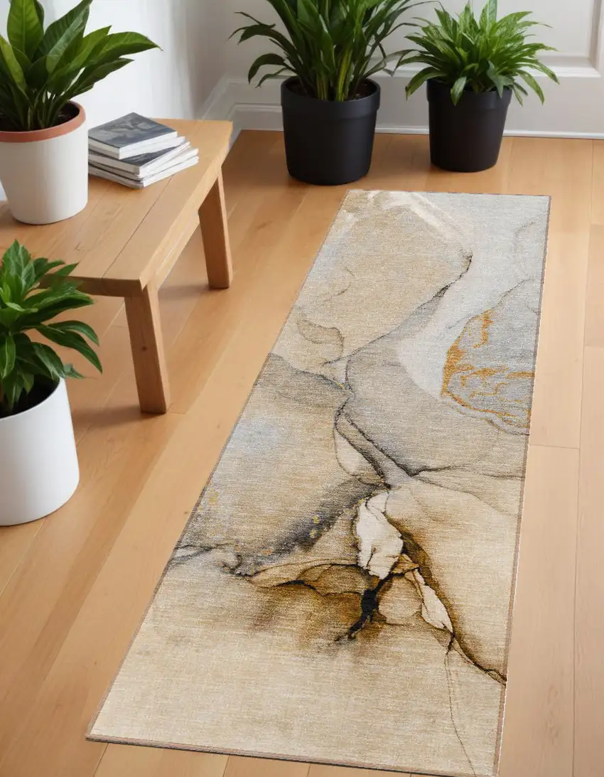 Beige Abstract Washable Non Skid Indoor Outdoor Runner Rug Photo 1