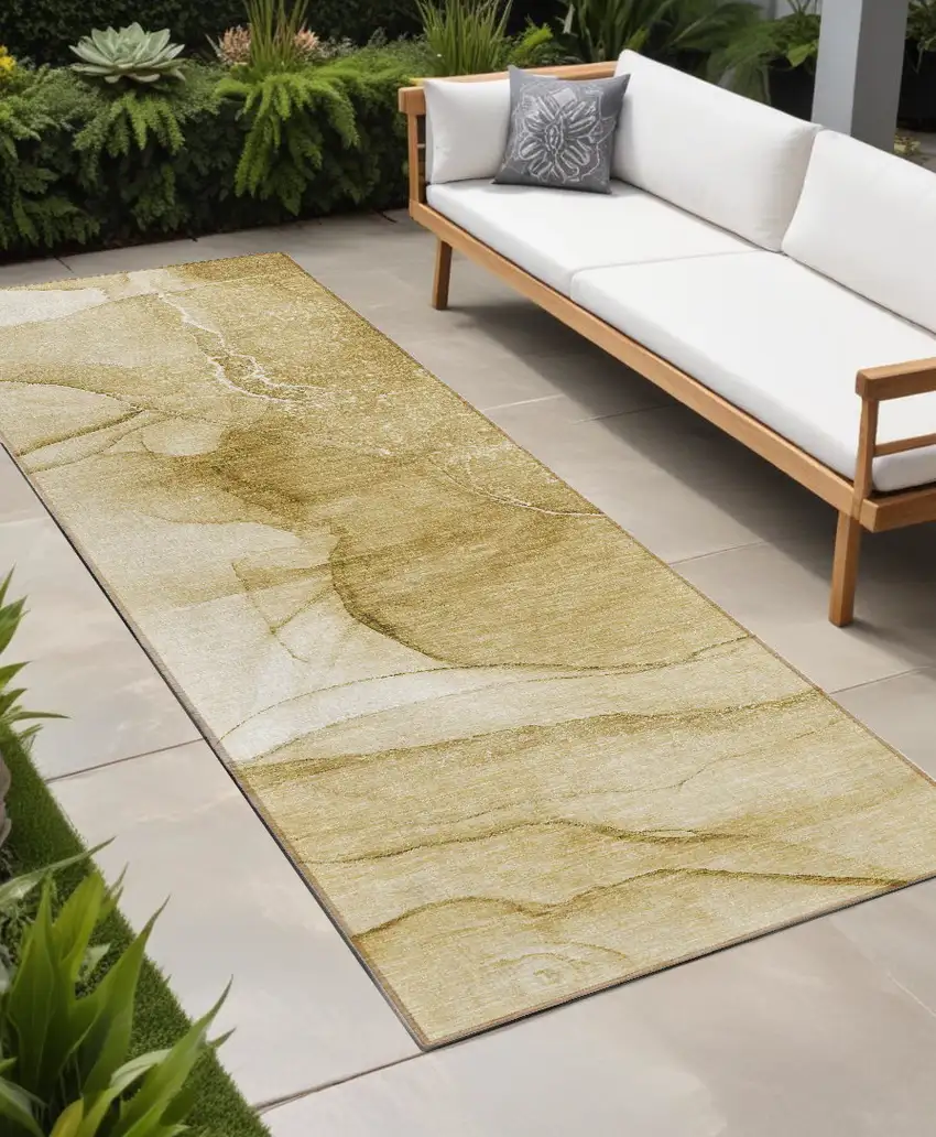 Beige Abstract Washable Non Skid Indoor Outdoor Runner Rug Photo 1