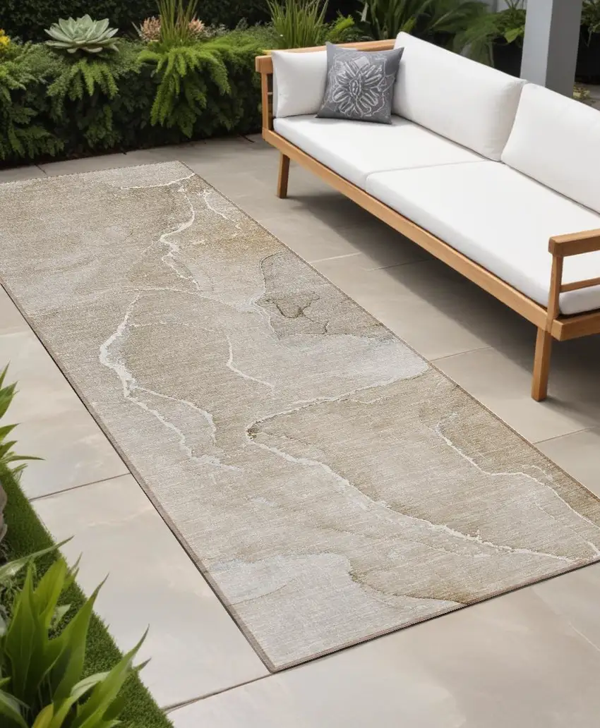 Beige Abstract Washable Non Skid Indoor Outdoor Runner Rug Photo 1