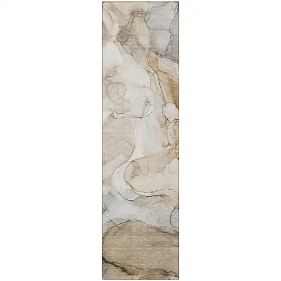8' Runner Beige Abstract Washable Non Skid Indoor Outdoor Runner Rug Photo 5