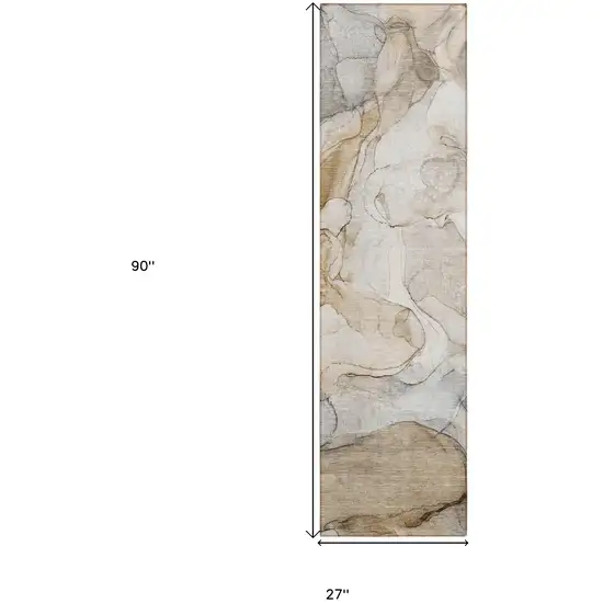 Beige Abstract Washable Non Skid Indoor Outdoor Runner Rug Photo 3