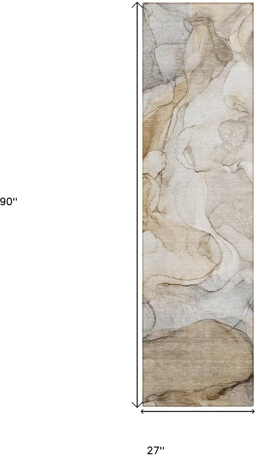 Beige Abstract Washable Non Skid Indoor Outdoor Runner Rug Photo 3