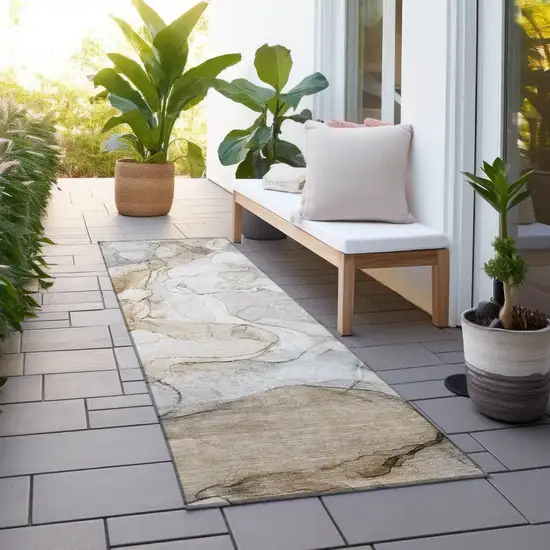 Beige Abstract Washable Non Skid Indoor Outdoor Runner Rug Photo 8