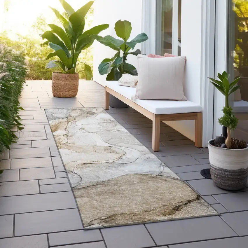Beige Abstract Washable Non Skid Indoor Outdoor Runner Rug Photo 8