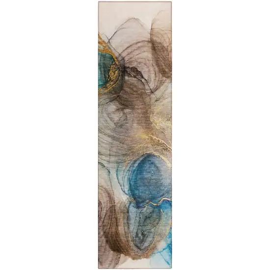 Beige Abstract Washable Non Skid Indoor Outdoor Runner Rug Photo 2