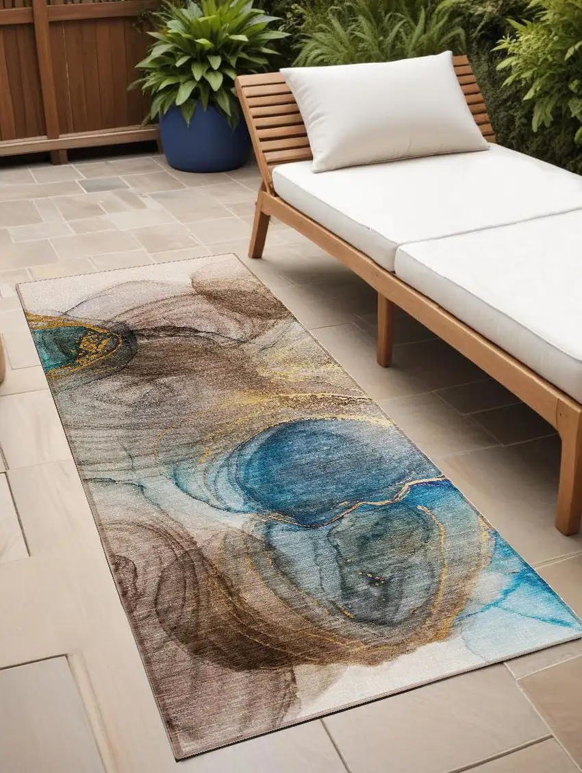8' Runner Beige Abstract Washable Non Skid Indoor Outdoor Runner Rug Photo 1