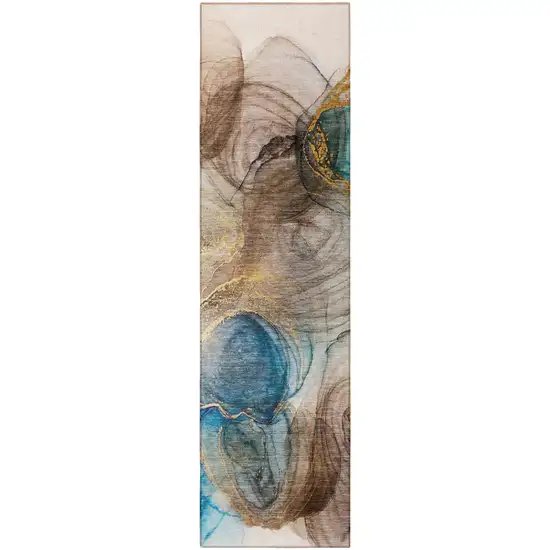 Beige Abstract Washable Non Skid Indoor Outdoor Runner Rug Photo 5