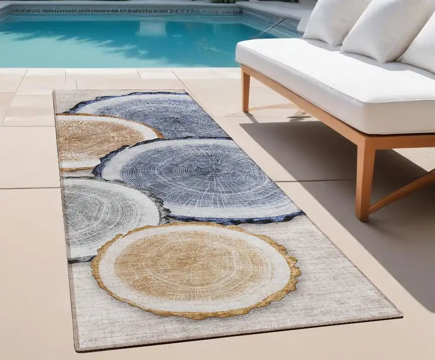 8' Runner Beige Blue and Gold Faux Bois Washable Non Skid Indoor Outdoor Runner Rug Photo 1