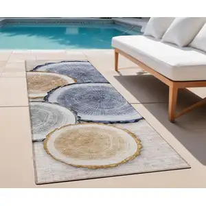 Photo of 8' Runner Beige Blue and Gold Faux Bois Washable Non Skid Indoor Outdoor Runner Rug