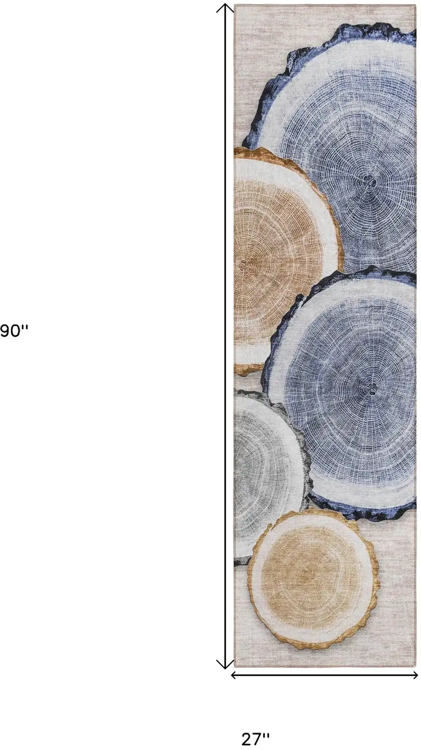 8' Runner Beige Blue and Gold Faux Bois Washable Non Skid Indoor Outdoor Runner Rug Photo 3