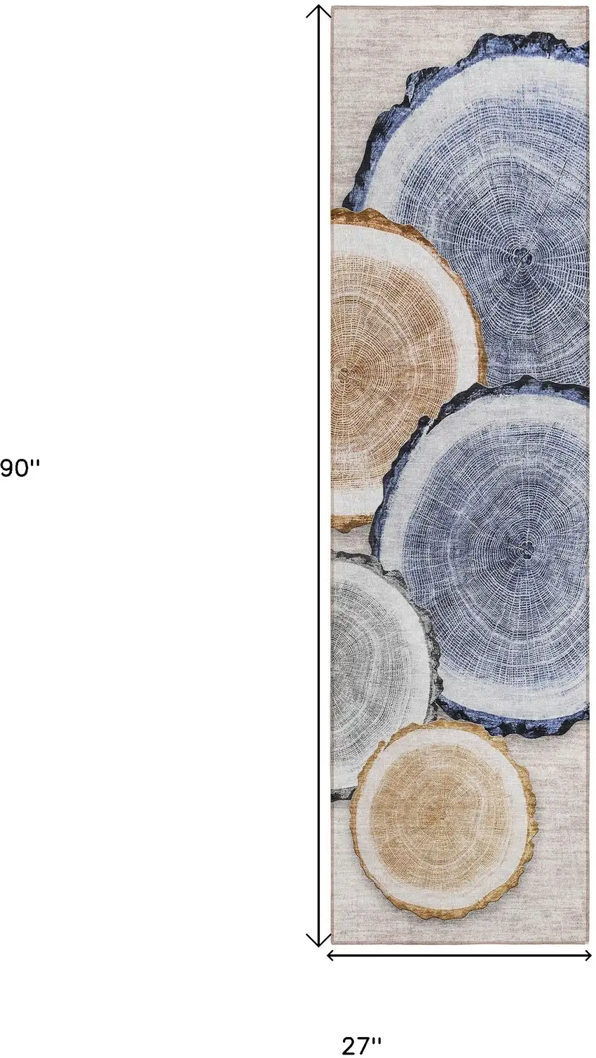 8' Runner Beige Blue and Gold Faux Bois Washable Non Skid Indoor Outdoor Runner Rug Photo 3