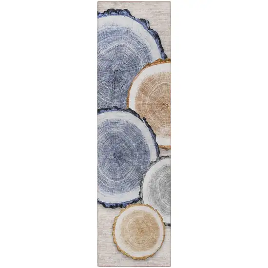 8' Runner Beige Blue and Gold Faux Bois Washable Non Skid Indoor Outdoor Runner Rug Photo 4