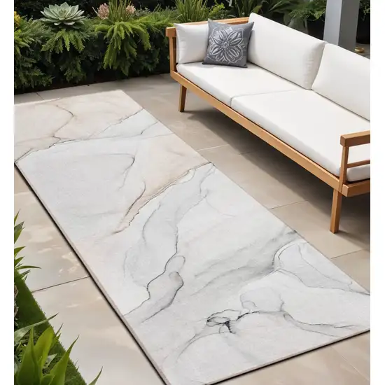 Beige Ivory and Gray Abstract Washable Non Skid Indoor Outdoor Runner Rug Photo 1